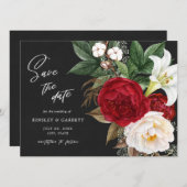 Romantic Red Floral Bouquet Black & White Wedding Save The Date (Voorkant / Achterkant)