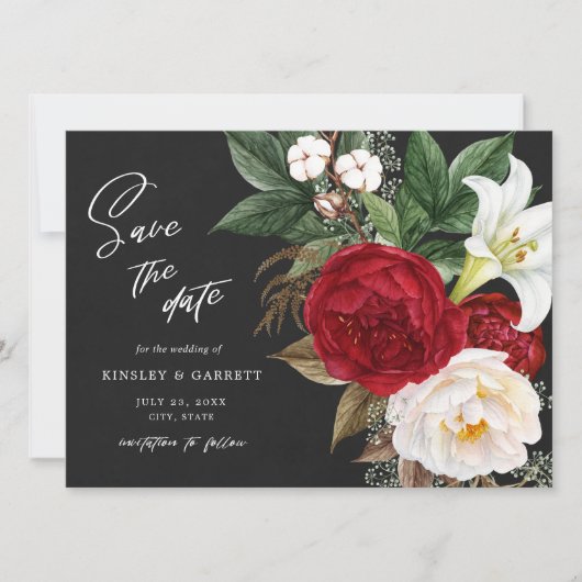 Romantic Red Floral Bouquet Black & White Wedding Save The Date (Voorkant)