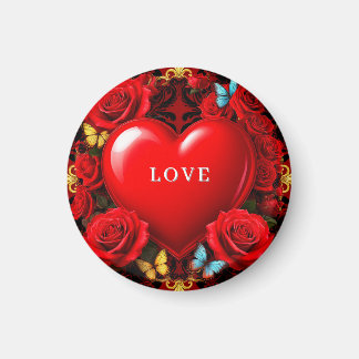 Romantic Red Heart Framed by Roses and Butterflies Magneet