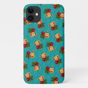 Romantic Red Peach Roos Pattern Blauwgroen Damask iPhone 11 Hoesje