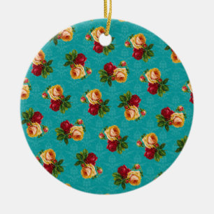 Romantic Red Peach Roos Pattern Blauwgroen Damask Keramisch Ornament