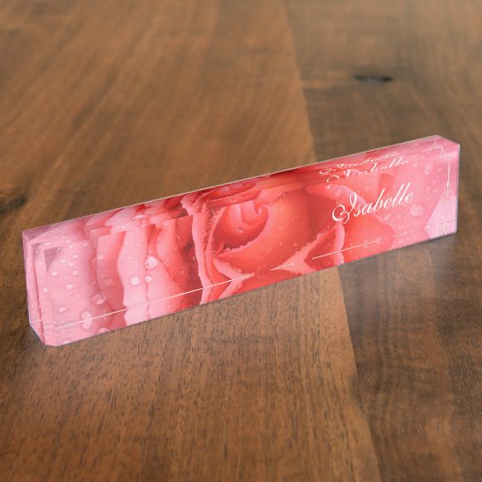 Romantic Red Pink Rose Water Druppels Naam Bord Naambordje (Zijkant)