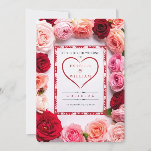 Romantic Red Rose Heart Border Wedding Invitation (Devant)