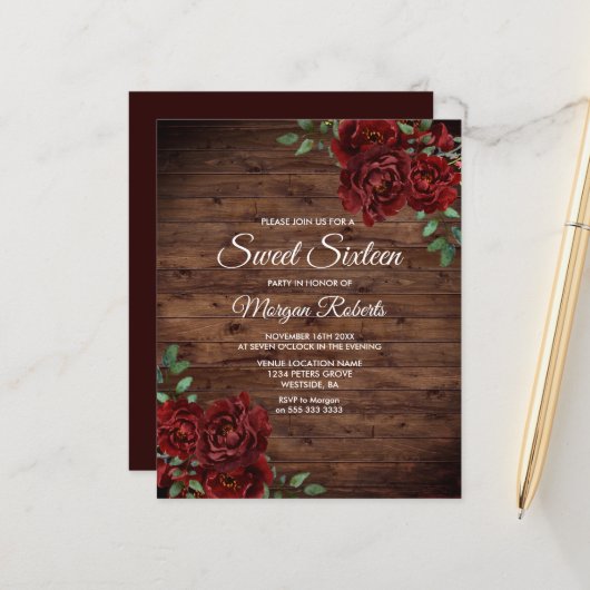 Romantic Red Rose Sweet 16 Party Budget Invite (Voorkant / Achterkant in situ)