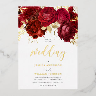 Romantic Red Roses Gold Foil Wedding Folie Uitnodiging