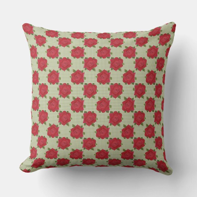Romantic Red Roses over Groene Check Gingham Kussen (Voorkant)