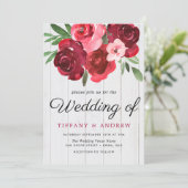 Romantic Red Roses Rustic Wedding Invite Kaart (Staand voorkant)