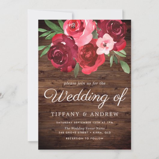 Romantic Red Roses Rustic Wedding Invite Kaart (Voorkant)