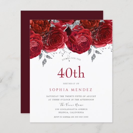 Romantic Red Roses Silver 40th Birthday Invitation (Voorkant / Achterkant)