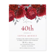 Romantic Red Roses Silver 40th Birthday Invitation