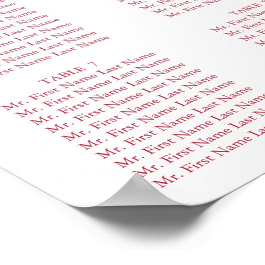 Romantic Red Roses Wedding Seating Chart Poster (Hoek)