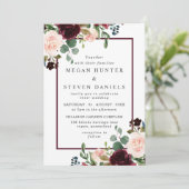 Romantic Red Wine Flowers Elegant Wedding Kaart (Staand voorkant)