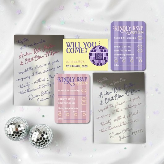 Romantic Retro Disco Party QR Code RSVP Wedding Kaartje