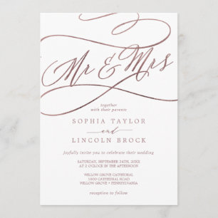 Romantic Roos Gold Calligraphy Mr & Mrs Wedding Kaart