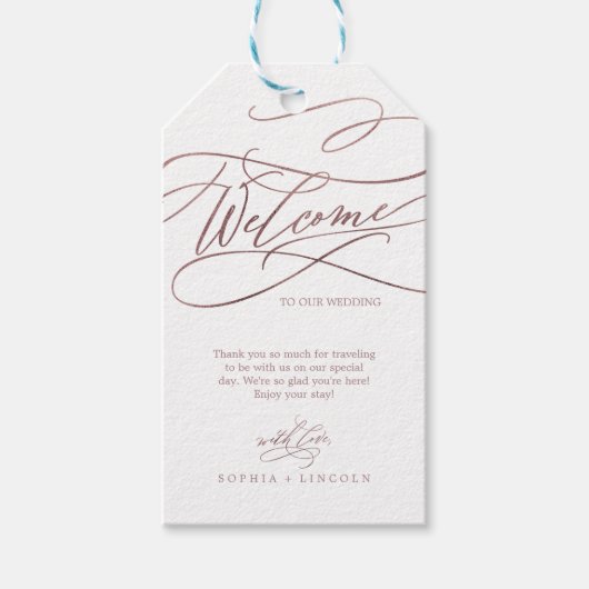 Romantic Roos Gold Calligraphy Weddenschap Welkom Cadeaulabel (Voorkant)