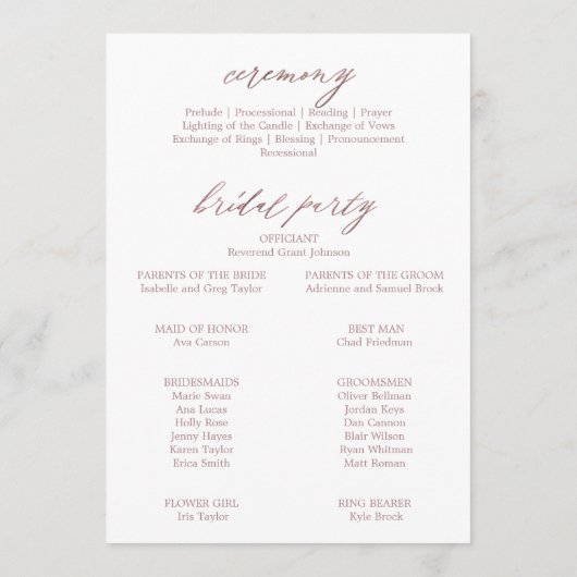 Romantic Roos Gold Calligraphy Wedding Programma (Achterkant)