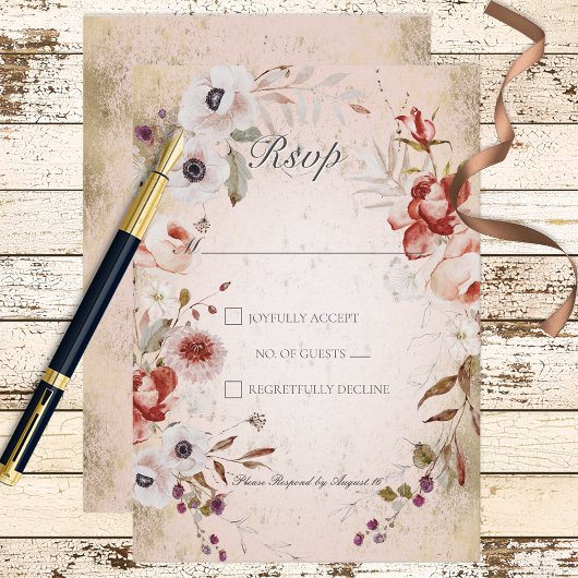 Romantic Roos Pink Gold Floral Response Kaart