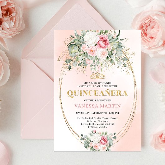 Romantic Rose Gold Blush Quinceañera Invitation