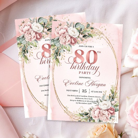 Romantic Rose Gold Floral Greenery 80th Birthday  Kaart