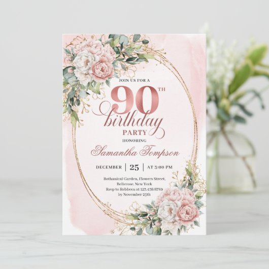 Romantic Rose Gold Floral Greenery 90th Birthday Kaart (Staand voorkant)