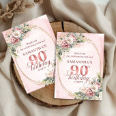 Romantic Rose Gold Greenery 90th Birthday Thanks Bedankkaart