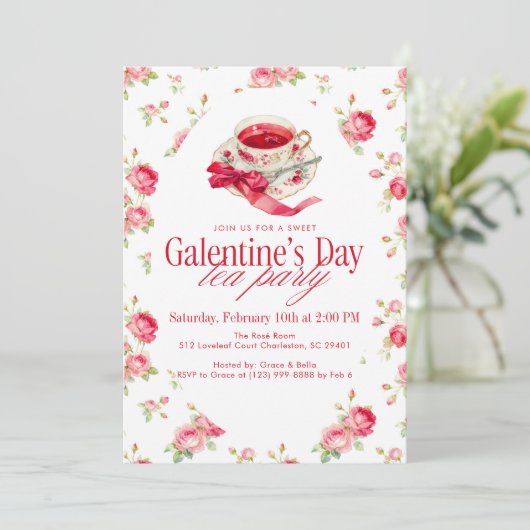 Romantic Rose Tea Cup Galentine’s Day Tea Party Kaart (Staand voorkant)