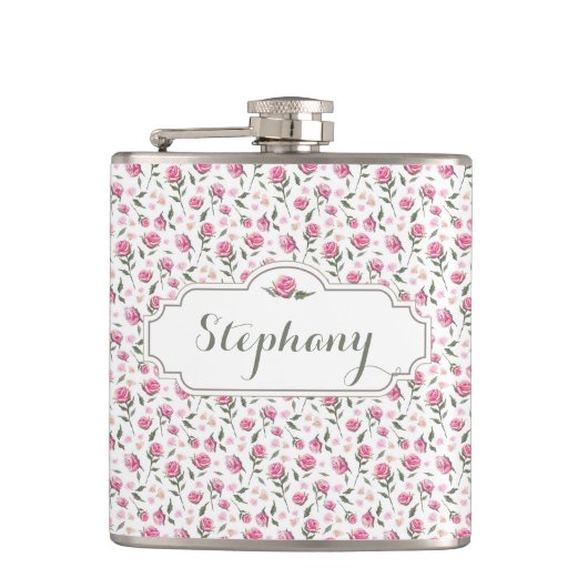 Romantic Roses Eigen naam Feminininekolf Heupfles (Voorkant)