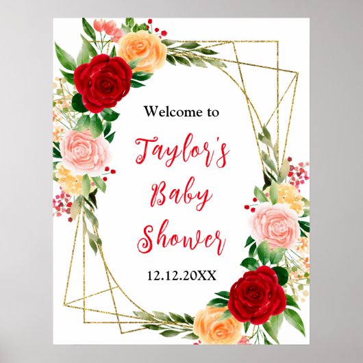 Romantic Roses Floral Baby Shower Welcome Sign Poster (Voorkant)
