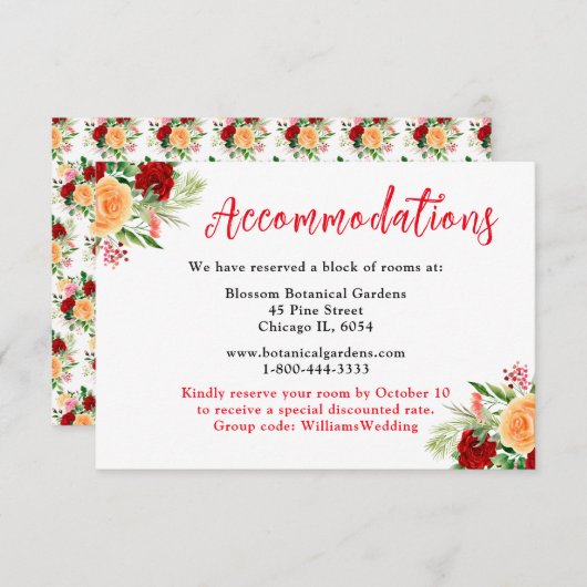Romantic Roses Floral Wedding Accommodations Informatiekaartje (Voorkant / Achterkant)