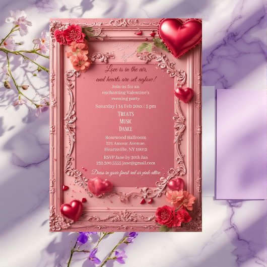 Romantic Roses Red Hearts Rustic Valentine Party  Kaart