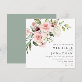 Romantic Roses Sage Green Wedding Invitation Kaart