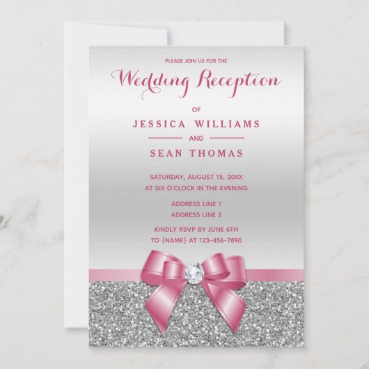 Romantic Roze Bow, Silver Glitter Reception Kaart (Voorkant)