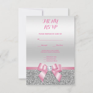Romantic Roze Bow & Silver Glitter Weddenschap Men RSVP Kaartje