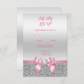 Romantic Roze Bow & Silver Glitter Weddenschap Men RSVP Kaartje (Voorkant / Achterkant)