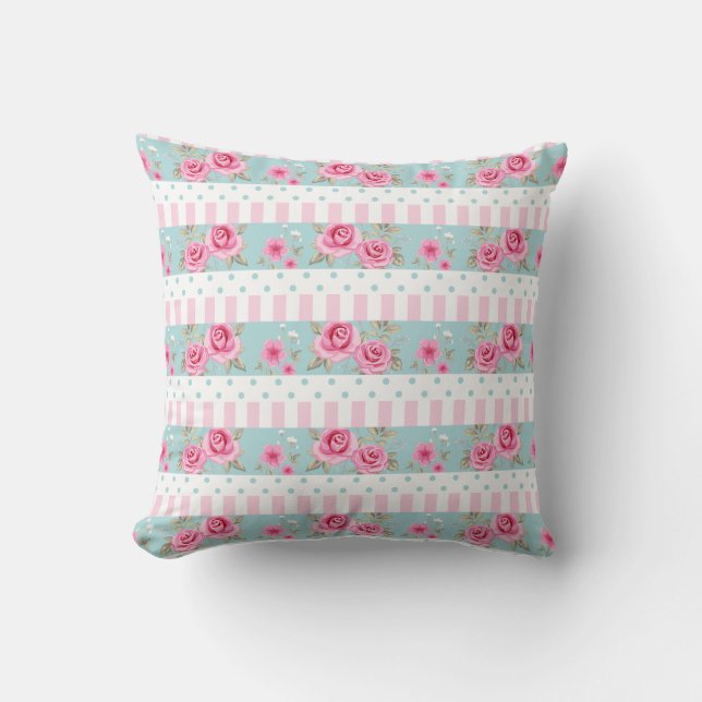 Romantic  Roze & Mint Floral Rozen Patroon Kussen (Voorkant)
