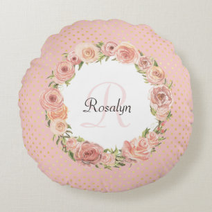Romantic Roze Roos, gebotteld, Floral, monogramme  Rond Kussen