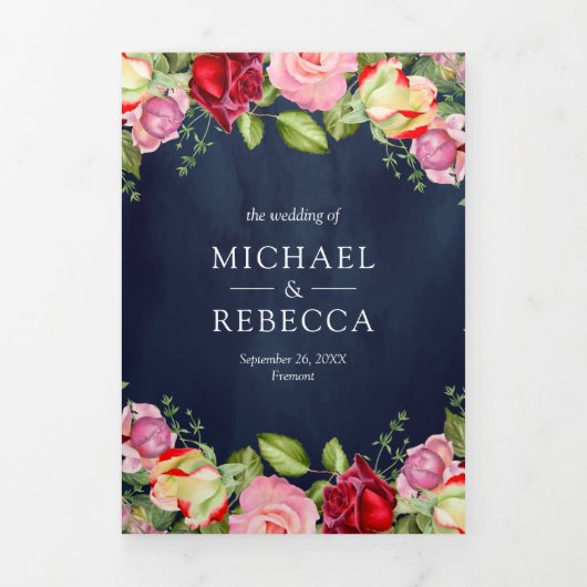 Romantic roze rozen QR-code marinevlek blauw huwel Drieluik Uitnodiging (Cover)