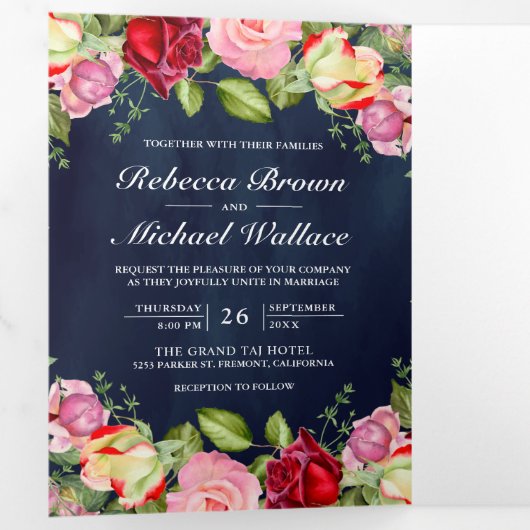 Romantic roze rozen QR-code marinevlek blauw huwel Drieluik Uitnodiging (Binnenzijde eerst)