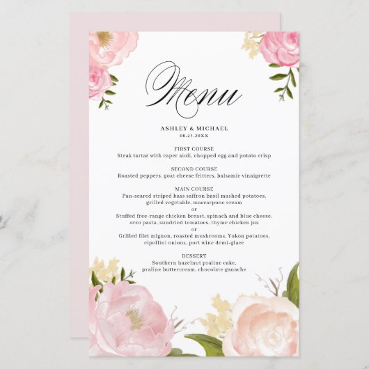 Romantic Roze Waterverf Flowers Weddenemenkaart (Voorkant / Achterkant)