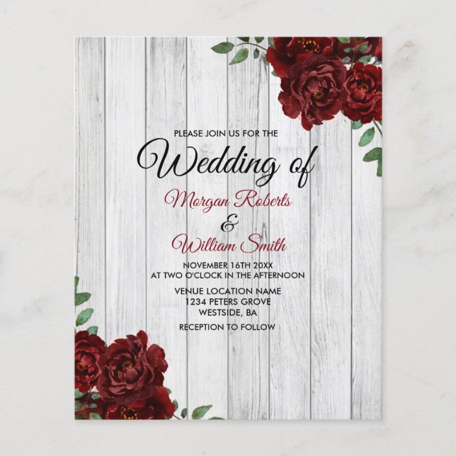 Romantic Rustic Red Rose Budget Weddenschap (Voorkant)