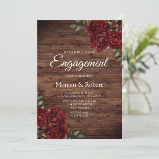Romantic Rustic Red Rose Engagement Invitation (Debout devant)