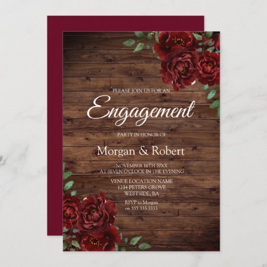 Romantic Rustic Red Rose Engagement Invitation (Devant / Derrière)