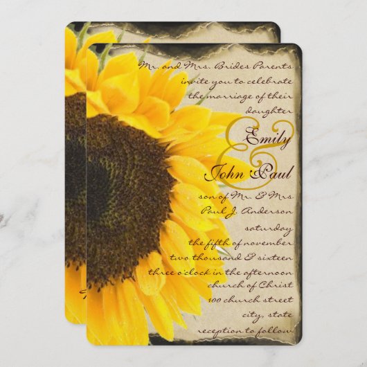 Romantic Rustic Sunflower Wedding Uitnodiging (Voorkant / Achterkant)
