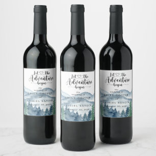 Romantic Rustic Waterverf Mountains Tree Weddensch Wijn Etiket