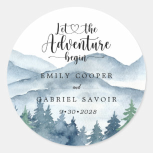 Romantic Rustic Waterverf Mountains Trees Wedding Ronde Sticker