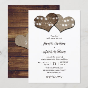 Romantic Rustic Wood Burlap String Lights Wedding Kaart