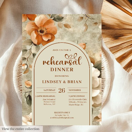 Romantic Rusty Beige Olive Floral Rehearsal Invite Kaart