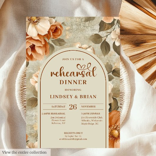Romantic Rusty Beige Sage Floral Wedding Rehearsal Kaart