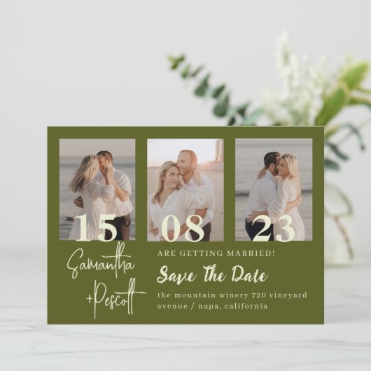 Romantic Sage Green Collage bewaart de datum Kaart (Staand voorkant)