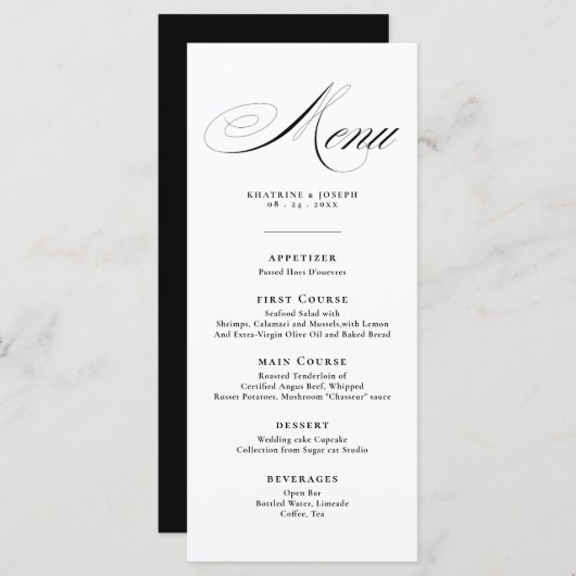 Romantic Script Calligraphy Details Menu Wedding (Devant / Derrière)